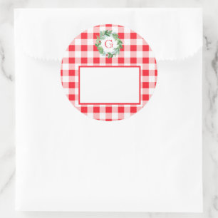Waterverf Dennenkrans MONOGRAM Rode Check Ronde Sticker