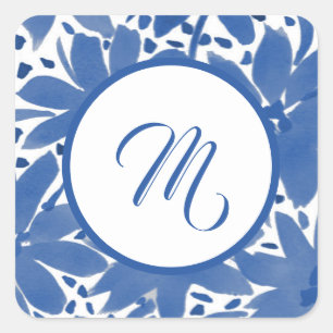 Waterverf Design Monogrammed Blue Floral Vierkante Sticker