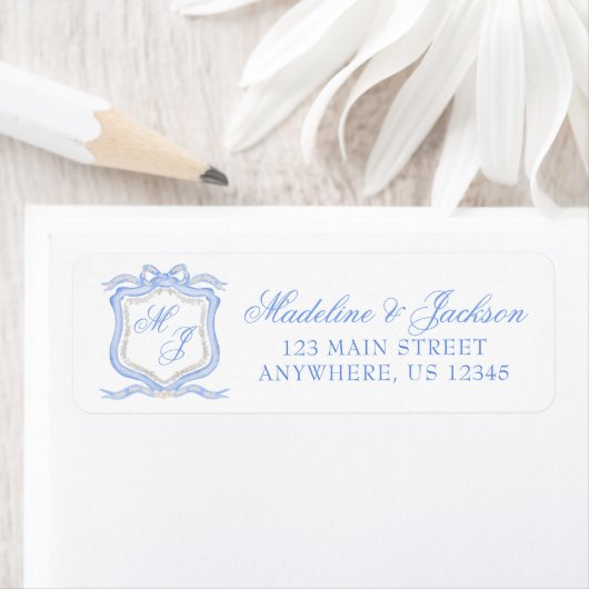 Waterverf Designer Blauw Monogram Crest Adres Etiket (Insitu)