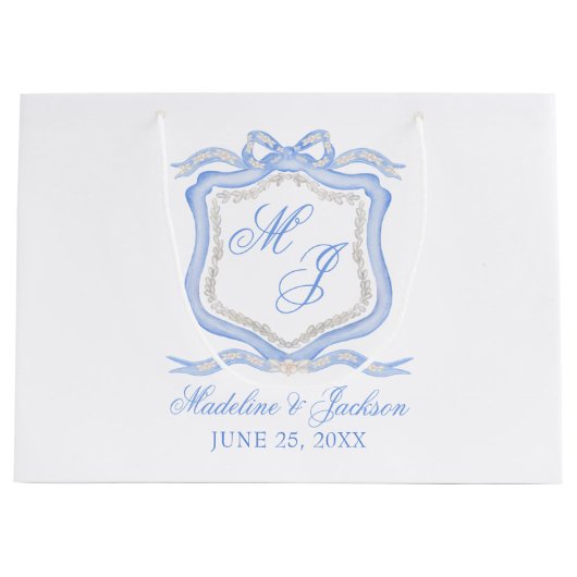 Waterverf Designer Blauw Monogram Crest Bruiloft Groot Cadeauzakje (Voorkant)