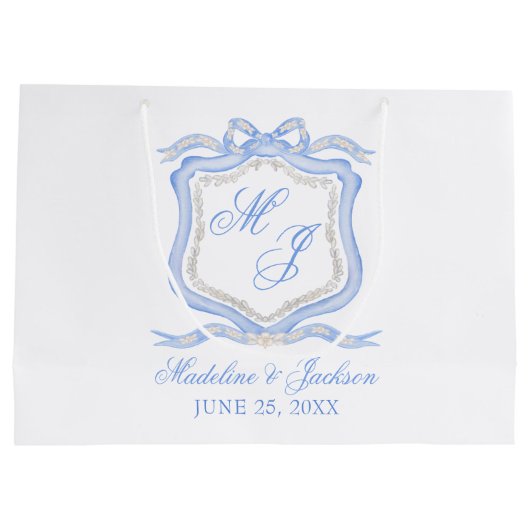 Waterverf Designer Blauw Monogram Crest Bruiloft Groot Cadeauzakje (Achterkant)