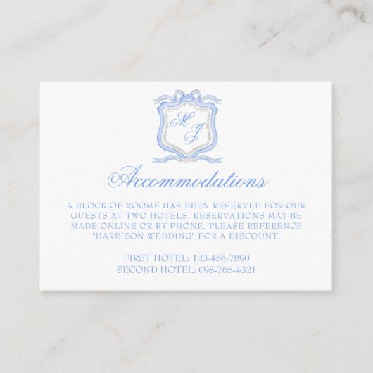 Waterverf Designer Blauw Monogram Crest Bruiloft Informatiekaartje (Voorkant)