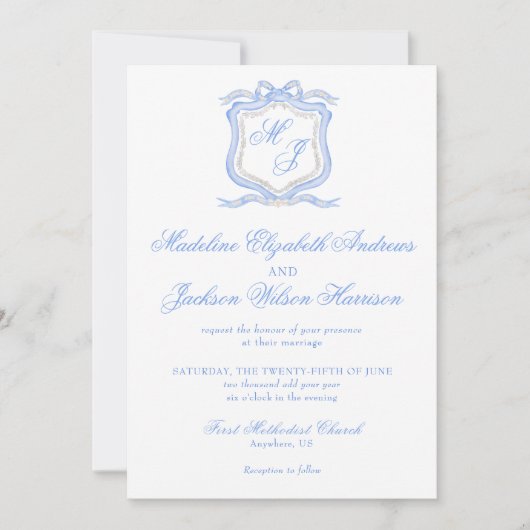 Waterverf Designer Blauw Monogram Crest Bruiloft Kaart (Voorkant)