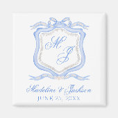 Waterverf Designer Blauw Monogram Crest Bruiloft Magneet (Voorkant)