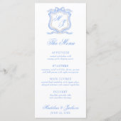 Waterverf Designer Blauw Monogram Crest Bruiloft Menu (Voorkant)