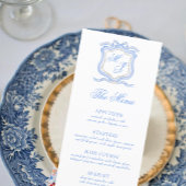 Waterverf Designer Blauw Monogram Crest Bruiloft Menu