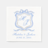 Waterverf Designer Blauw Monogram Crest Bruiloft Servet (Voorkant)