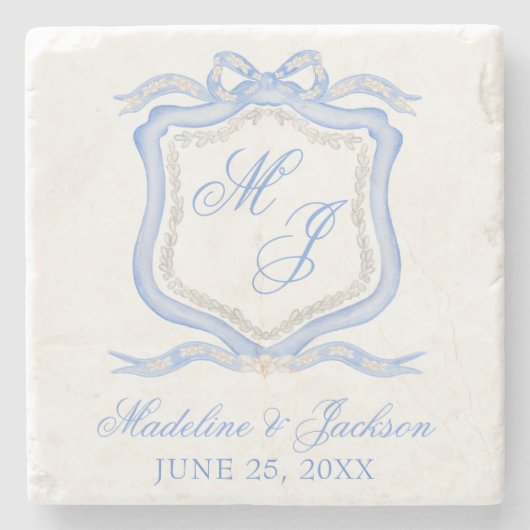 Waterverf Designer Blauw Monogram Crest Bruiloft Stenen Onderzetter (Voorkant)