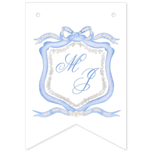 Waterverf Designer Blauw Monogram Crest Bruiloft Vlaggetjes (Eerste vlag)