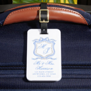Waterverf Designer Blauw Monogram Crest Honeymoon Bagagelabel