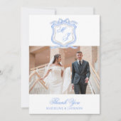 Waterverf Designer Blauw Monogram Foto Bedankkaart (Voorkant)