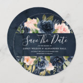 Waterverf Diep Navy Blush Floral Save The Date (Voorkant / Achterkant)