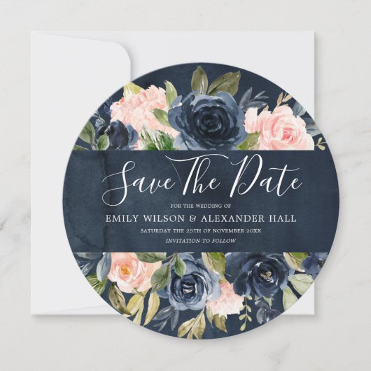 Waterverf Diep Navy Blush Floral Save The Date (Voorkant)