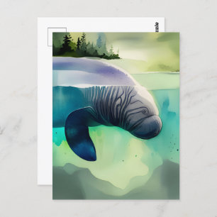 Waterverf Dieren, Manatee, Postcrossing Briefkaart