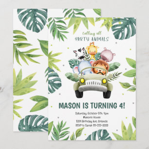 Waterverf Dieren Safari Auto Verjaardagsuitnodigin Kaart