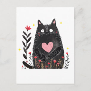 Waterverf dikke zwarte kat met roze hart bloemende briefkaart