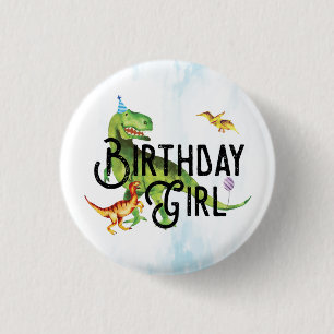 Waterverf Dinosaur Birthday Girl Button