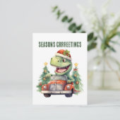 Waterverf dinosaurus Kerstmis auto Feestdagenkaart (Staand voorkant)