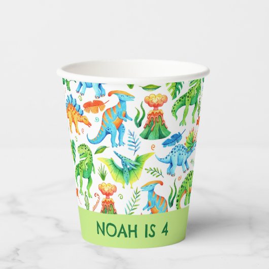 Waterverf dinosaurus Verjaardag T rex, Stegosaurus Papieren Bekers (Voorkant)