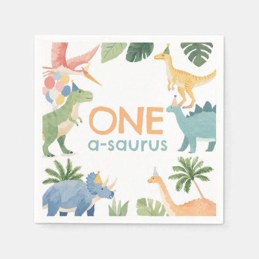 Waterverf dinosaurus verjaardagsfeestje servet (Voorkant)