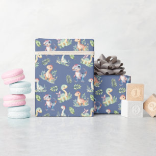 Waterverf dinosaurussen op donkerblauw-grijs cadeaupapier