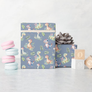 Waterverf dinosaurussen op donkergrijs blauw cadeaupapier