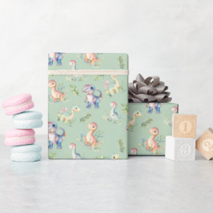 Waterverf dinosaurussen op Sage Green Cadeaupapier