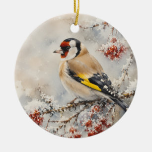 Waterverf Distelvink op Winterbessen Keramisch Ornament