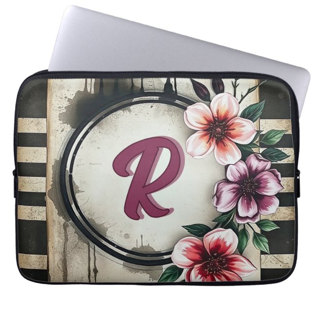 Waterverf Distressed Flowers Chic Messy Monogram Laptop Sleeve (Voorkant)