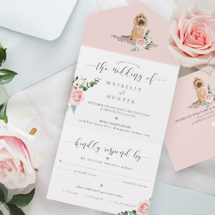 Waterverf Dog & Elegant Roze Rose Bloemen Alles In All In One Uitnodiging