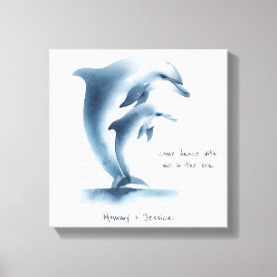 Waterverf Dolfijn Moeder Baby Kalf Blauw Kinderkam Canvas Afdruk