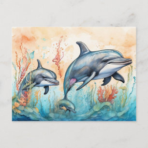 Waterverf dolfijnen kunstprint briefkaart