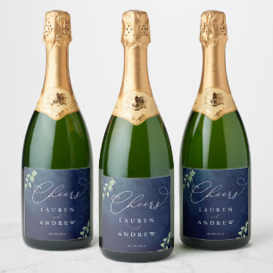 Waterverf donkerblauw groen bruiloft sparkling wijnetiket