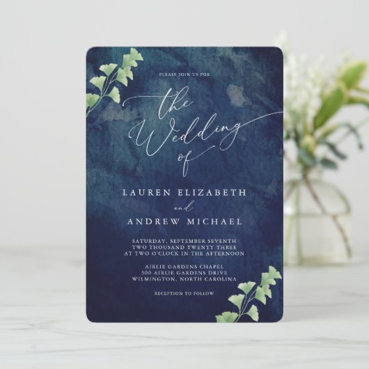 Waterverf donkerblauw groen bruiloft uitnodiging (Staand voorkant)