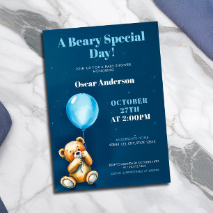 Waterverf Donkerblauwe Lucht Teddybeer Babyborrel Kaart