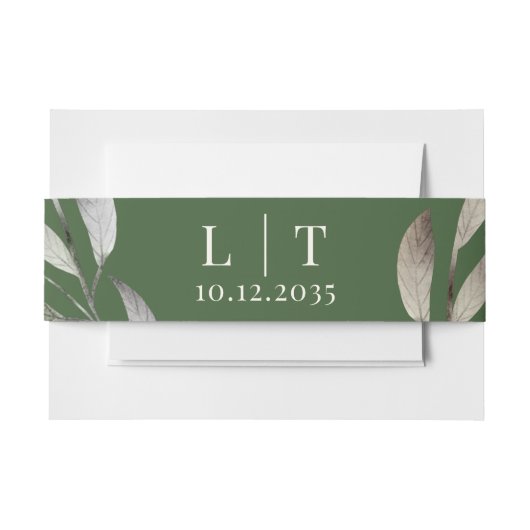 Waterverf donkergroene botanische bruiloft uitnodigingen wikkel (Voorkant Voorbeeld)
