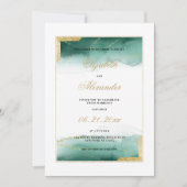 Waterverf donkergroene witte goudglitter bruiloft kaart (Voorkant)