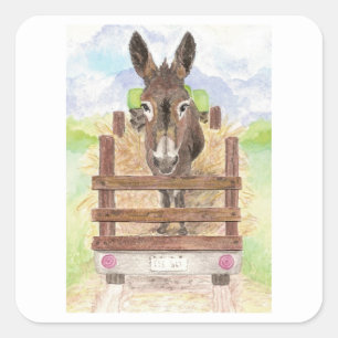 Waterverf Donkey Burro Cute Boerderij Animal Art Vierkante Sticker