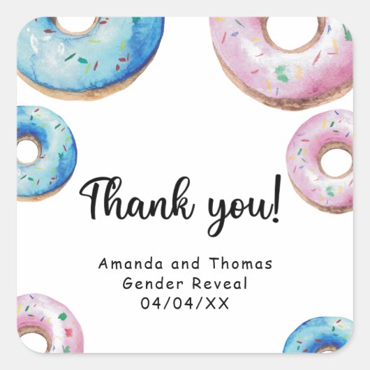 Waterverf donuts dank u Geslacht onthullen Vierkante Sticker (Voorkant)