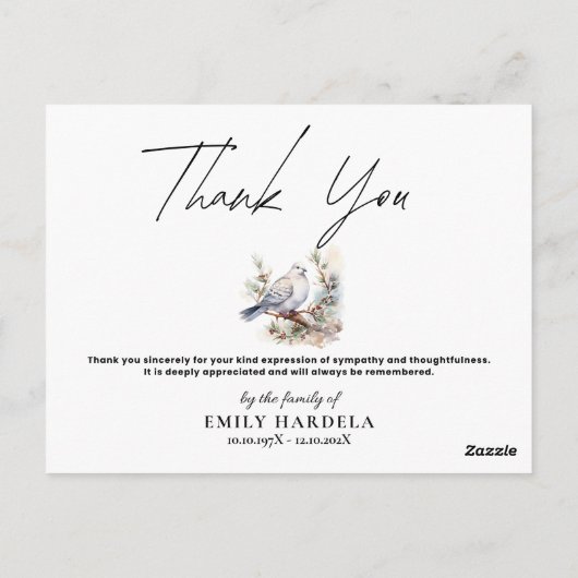 Waterverf Dove Funeral Symphaty Dank je wel kaart (Achterkant)