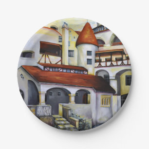 Waterverf Dracula Castle Transsylvania Roemenië Papieren Bordje