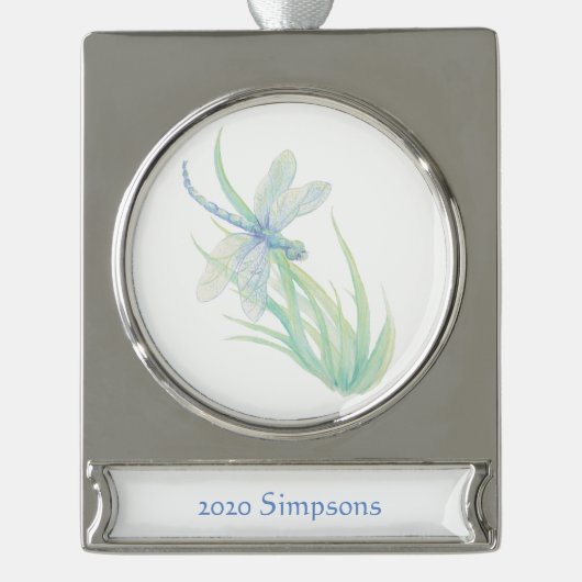 Waterverf Dragonfly in blauwe groene kleur Verzilverd Banner Ornament (Voorkant)