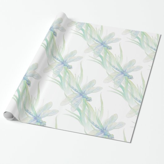 Waterverf Dragonfly in Soft Blues en Green art Cadeaupapier (Uitgerold)