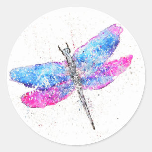 Waterverf dragonfly roze blauw ronde sticker
