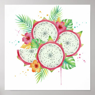 Waterverf Drakenfruit & Tropische Hibiscus Poster