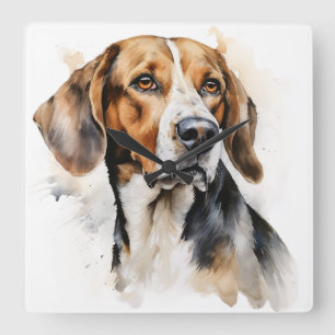 WATERVERF DRIEKLEURIGE FOXHOUND DOG VIERKANTE KLOK