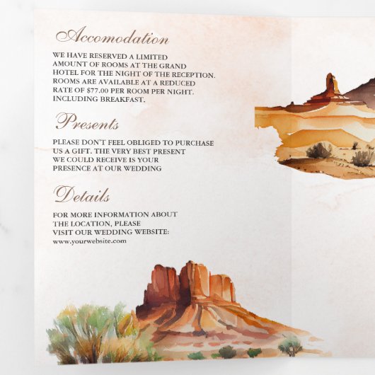 Waterverf - Dringende Bergcactus QR Code Weddensch Drieluik Uitnodiging (Binnenzijde eerst)