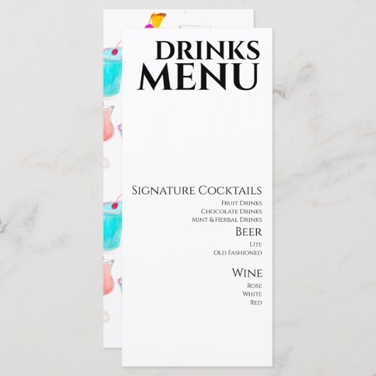 Waterverf Drinken Cocktail Wine Wedding Menu (Voorkant / Achterkant)