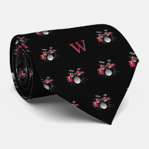 Waterverf Drum Kit Jazz Muziek Monogrammed Zwart Stropdas