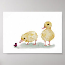 Waterverf Ducklings met vlinder Poster